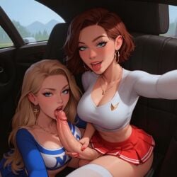 1female 1futa ai_generated blowjob breasts car car_seat cheerleader_uniform cleavage dickgirl futanari hand_on_head hourglass_figure looking_at_viewer penis selfie sitting skimpy_clothes skimpy_outfit