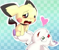 blush clyndemoon crossover culumon digimon digimon_(species) digimon_tamers drooling duo female fur green_eyes half-closed_eyes heart hi_res interspecies mammal nintendo open_mouth pichu pokemon pussy pussy_juice rodent saliva saliva_string sex tongue tribadism video_games yellow_fur yuri