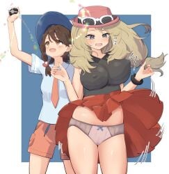 2girls blonde_hair blush bow bow_panties breasts brown_hair covered_nipples eyewear_on_head juliana_(pokemon) necktie nintendo nipples_visible_through_clothing open_mouth orange_necktie panties pokemon pokemon_sv pokemon_xy serena_(pokemon) serena_(pokemon_games) skirt skirt_lift sunglasses underwear yuni_tofu