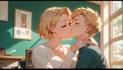 ai_generated blonde_hair family green_eyes happy happy_female husband husband_and_wife kissing kissing mature_female milf older_female older_woman_and_younger_boy short_hair smaller_male wife wife_and_husband