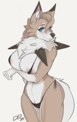 2020 anthro anthrofied avoid_posting bikini bikini_bottom bikini_top breasts brown_body brown_fur brown_hair canid canine clothed clothing conditional_dnp drakeraynier eyebrows eyelashes female fur generation_7_pokemon hair hi_res inner_ear_fluff lycanroc mammal mature_anthro mature_female midday_lycanroc nintendo nipples panties pokemon pokemon_(species) pokemorph shy signature simple_background skimpy solo spikes swimwear thick_thighs tuft underwear white_body white_fur