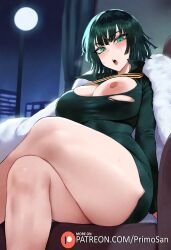 ai_generated bare_legs breasts_out crossed_legs embarrassed from_below fubuki_(one-punch_man) fur green_eyes green_hair large_ass large_breasts mature_female nipples one-punch_man open_mouth primosan short_hair sitting torn_clothes