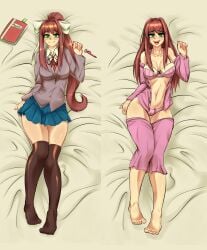 bed bed_sheet blue_skirt brown_hair clothed dakimakura dakimakura_design doki_doki_literature_club female female_focus female_only green_eyes laying laying_down laying_on_back laying_on_bed monika_(doki_doki_literature_club) notebook pajama_pants pajamas pink_clothing pink_underwear ponytail revealing revealing_clothes revealing_outfit school_uniform skirt smile smiling smiling_at_viewer thick_thighs thighs waiftoon white_ribbon