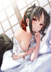 alternate_breast_size bed black_hair female_focus hair_ribbon hair_up hong_(white_spider) kaguya-sama_wa_kokurasetai_~tensai-tachi_no_renai_zunousen~ large_breasts long_hair on_bed on_stomach one_breast_out open_clothes pillow red_eyes school_uniform shinomiya_kaguya smile