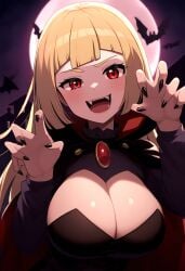 ai_generated alternate_eye_color bat big_breasts black_fingernails blonde_hair bloodlust breasts claw_pose cleavage dark_clothing fangs hands lillie_(pokemon) night novelai pokemon red_eyes sharp_teeth vampire