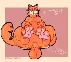 2024 anthro arrow_sign ass balls big_balls big_butt black_body black_fur black_tail digital_media_(artwork) domestic_cat english_text felid feline felis food front_view fur garfield_(series) garfield_the_cat genitals green_eyes half-closed_eyes hi_res huge_butt lasagna male mammal multicolored_body multicolored_fur narrowed_eyes obese obese_anthro obese_male orange_body orange_ears orange_fur orange_tail overweight overweight_anthro overweight_male pasta pawpads paws,_inc. penis pink_nose pink_pawpads sitting sitting_on_food solo sushiamazing tail text thick_thighs two_tone_body two_tone_fur two_tone_tail