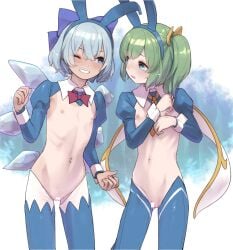 2girls animal_ears blue_eyes blue_hair blush censored cirno cleft_of_venus daiyousei fake_animal_ears flat_chest green_hair grin highres meme_attire miyako_(naotsugu) multiple_girls navel necktie one_eye_closed petite puffy_sleeves rabbit_ears reverse_bunnysuit reverse_outfit short_hair smile tan tanlines touhou wings