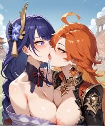 ai_generated genshin_impact hoyoverse kissing lesbian_kiss mavuika_(genshin_impact) nipples raiden_shogun saliva tagme yuri