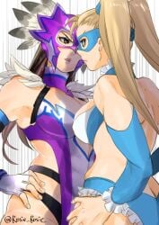 2girls bandai_namco blonde_hair breasts brown_hair capcom catfight crossover hands_on_hips jaycee julia_chang long_hair luchadora mask masked masked_female mika_nanakawa namco namco_bandai rainbow_mika rosie_rosie_(artist) staredown street_fighter tekken tekken_tag_tournament_2 twitter wrestling wrestling_attire wrestling_gear wrestling_mask wrestling_outfit