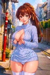 1girls ai_generated anime_style attractive babe beautiful_females big_breasts brown_hair buildings busty_female cleavage_cutout curvy cute day dead_or_alive female_only fighting_game happy happy_valentine kasumi_(doa) kunoichi looking_at_viewer ponytail seductive sexy smile solo_focus stockings street sweater thick_thighs toongenai town valentine's_day video_game_character video_games