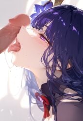 1girls ai_generated blush fellatio genshin_impact licking licking_penis miurai penis penis_on_face purple_eyes purple_hair raiden_shogun saliva_trail