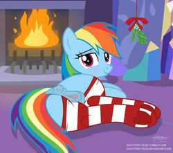 2016 animal_genitalia animal_pussy anus ass blue_fur blush clothed clothing crystal earth_pony equine equine_pussy female feral fire fireplace friendship_is_magic fur hair hi_res horse inside legwear looking_at_viewer looking_back lying mammal mistletoe multicolored_hair my_little_pony on_side plant pony presenting purple_eyes pussy rainbow_dash_(mlp) shutterflyeqd solo stockings window