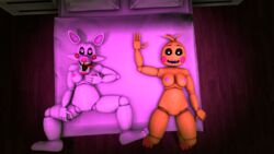 2016 3_toes 3d animatronic anthro avian bed bird breast_grab breasts canine chicken duo feet female five_nights_at_freddy's five_nights_at_freddy's_2 foot fox hand_on_breast hi_res looking_at_viewer lying machine mammal mangle_(fnaf) nipples non-mammal_breasts nude on_bed open_mouth pink_nail_polish pink_nails pink_toenails pinup pose pussy robot smile source_filmmaker spread_legs spreading teeth toenail_polish toenails toes tongue toy_chica_(fnaf) video_games xboxking37