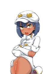 1girls aether_foundation aether_foundation_employee aether_foundation_employee_(female) areolae belly big_breasts blue_hair blush breasts clothed clothing dark-skinned_female dark_skin erect_nipples eyelashes female female_only furau gloves hand_on_stomach hat human looking_at_viewer navel nintendo nipples open_mouth pokemon pokemon_sm pregnant ready_to_pop sex_toy shirt short_hair solo standing tears teeth tongue vibrator white_background yellow_eyes