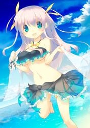 beach bikini blue_eyes breasts female gradient gradient_background long_hair mutsuno_hekisa original pink_hair smile solo swimsuit