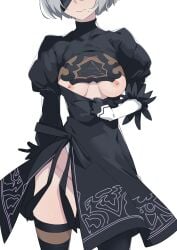 black_dress black_gloves black_thighhighs blindfold breasts breasts_out cleavage_cutout closed_mouth clothing_cutout dress female gloves grey_hair highres medium_breasts mole mole_under_mouth morisobo nier:automata nier_(series) nipples pulling_own_clothes short_hair simple_background solo standing thighhighs thighs white_background yorha_2b