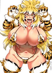 animal_ears bikini blonde_hair breasts female huge_breasts large_breasts long_hair looking_at_viewer micro_bikini musashino_sekai open_mouth original plump simple_background solo swimsuit tail tiger_ears tiger_girl tiger_tail white_background yellow_eyes