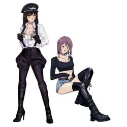 2girls black_hair boots breasts breasts brown_hair brunette_hair chainsaw_man chest combat_boots cosiecottage earrings fami_(chainsaw_man) female female_focus female_only gloves heel_boots heeled_boots heels high_heel_boots high_heels jean_shorts jeans lace laced_boots leather leather_boots leather_clothing long_hair long_hair_female long_legs looking_at_viewer medals military_clothing military_hat military_uniform purple_hair red_eyes riding_boots scars short_hair short_hair_female suspenders thigh_boots thigh_highs thighhigh_boots thighhighs thighs yoru_(chainsaw_man)