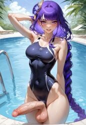 1futa ai_generated aist_ armpits bow erect_penis erection footwear futa_only futa_sans_pussy futanari genshin_impact hoyoverse huge_breasts huge_cock looking_at_viewer purple_eyes purple_hair raiden_shogun smile swimsuit testicles veiny_penis wet