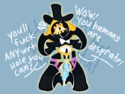 bill_cipher black_skin colored_skin digital_media_(artwork) gravity_falls looking_at_viewer making_fun_of mocking monster unusual_anatomy unusual_eye_placement unusual_genitalia