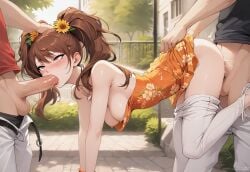 1girls 2boys 2boys1girl ai_generated ambiguous_penetration balls bent_leg bent_over blush bracelet breasts brown_eyes brown_hair brown_hair_female clothed_sex dress dress_down exhibitionism exposed_breasts female floral_print flower_in_hair grabbing_clothing grabbing_from_behind grabbing_head hanging_breasts idol kujikawa_rise medium_breasts motion_lines necklace oral oral_penetration oral_sex orange_dress orgasm_face outside outside_sex pants pants_down penetration penetration_from_behind penis penis_in_mouth persona persona_4 persona_4_the_golden pleasure_face sex spitroast summer_dress twintails white_pants