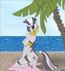 anthro areola beach breasts detailed_background equid equine fab3716 female friendship_is_magic hasbro horse irl_trace jewelry large_breasts mammal my_little_pony nipples nude outside palm_tree pinup plant pony pose sand sea seaside sky solo tree water zebra zecora_(mlp)