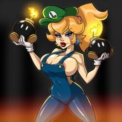 1girls blonde_hair blue_eyes blue_overalls bob-omb breasts cleavage clothing female female_only gloves green_hat hourglass_figure human lipstick looking_at_viewer luigi_(cosplay) mario_(series) nintendo overalls phazyn ponytail princess_peach red_lipstick solo solo_female super_mario_adventures super_mario_bros. voluptuous voluptuous_female