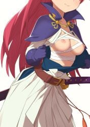 asuka_(fuurai_no_shiren) belt blue_gloves breasts breasts_out cleavage female fuurai_no_shiren gloves head_out_of_frame highres katana large_breasts long_hair morisobo nipples open_clothes open_shirt red_hair sarashi simple_background skirt solo sword undone_sarashi weapon white_background white_skirt