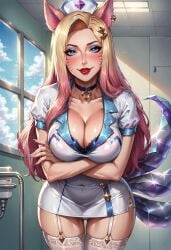 1girls ahri ai_generated animal_ears arms_crossed artist_request blonde_hair blue_eyes breasts choker cleavage clouds collarbone crystal_tail daytime earring facial_markings feet_out_of_frame female female_only fox fox_ears fox_tail garter_straps hair_ornament hairclip indoors k/da_ahri k/da_all_out_ahri k/da_all_out_series lace_trim large_breasts league_of_legends lipstick long_hair makeup multiple_tails nail_polish navel_outline nurse panties panties_visible panty_peek pink_hair riot_games short_sleeves solo source_request standing tail thighhighs tile_ceiling two-tone_hair underskirt whisker_markings window