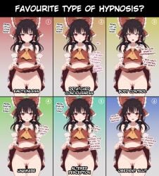 ai_assisted ai_generated crotch exposed_crotch exposed_pussy hypnosis lifting_skirt panels reimu_hakurei ribbon touhou