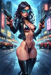 ai_generated bikini city cowboy_shot female gun jokerofhearts pistol