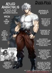 1boy adler_ambrosius_(ramia-yana) character_sheet clothing english_text grey_background half-elf hi_res looking_at_viewer male male_only muscles muscular muscular_male pointy_ears ramia-yana simple_background solo thegoldensmurf veiny_muscles white_eyes white_hair