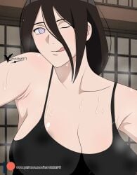 1girls after_bath agung911 almost_naked armpits arms_at_sides bare_chest bare_shoulders big_breasts blush boruto:_naruto_next_generations brown_hair busty cleavage female female_only front_view huge_breasts hyuuga_hanabi licking_lips licking_own_lips looking_at_viewer naruto naruto_(series) one_eye_closed oppai patreon_username presenting presenting_breasts selfie sleeveless smile solo steam steaming_body sweat sweatdrop sweating sweaty taking_picture taking_selfie tank_top teasing teasing_viewer upper_body url very_long_hair voluptuous watermark web_address wet wet_body wet_skin wink