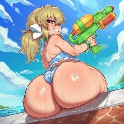 1girls 2d ai_generated ass ass_cheeks ass_focus big_ass bikini blonde_hair blue_bikini blue_panties blue_sky blue_swimsuit bra breasts double_ponytail female female_focus female_only gray_eyes hair_ornament hips huge_ass kafuru_(senran_kagura) light_skinned_female looking_at_viewer looking_back mochipawg panties pool purple_eyes round_ass senran_kagura senran_kagura_(series) shortstack sitting smile smirk solo swimsuit water water_gun water_pistol watergun wet wet_ass wet_body wide_hips yellow_hair