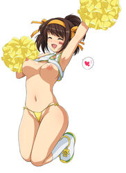 alternate_hairstyle armpits bare_shoulders breasts brown_hair cheerleader closed_eyes female hairband haruhisky heart jumping navel nipples open_mouth panties pom_poms ponytail shoes short_hair short_ponytail side-tie_panties sneakers socks solo spoken_heart suzumiya_haruhi suzumiya_haruhi_no_yuuutsu thong tied_hair underwear white_background white_legwear