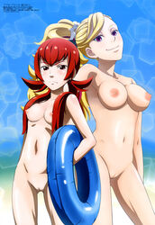 2girls ass_visible_through_thighs banryuu_reoko blonde_hair breasts bubuki_buranki female female_only hairband hazama_zetsubi highres innertube innie_pussy large_breasts legs_apart long_hair looking_at_viewer megami multiple_girls navel nipples nude official_art outdoors photoshop ponytail pussy red_eyes red_hair shiny shiny_hair shiny_skin small_breasts smile standing tied_hair twintails uncensored