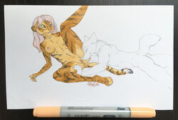 anthro areola breasts canine digitigrade feline female hair hand_on_thigh kotenokgaff male mammal nipples pussy raised_leg sex spread_legs spreading stripes tiger traditional_media_(artwork) unfinished