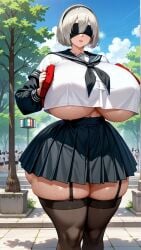 1girls ai_generated alternate_breast_size big_breasts breasts cameltoe huge_breasts jiuyang-hsien large_breasts looking_at_viewer massive_breasts nier:_automata platinum_games playstation school_uniform serafuku short_hair square_enix sweat sweatdrop sweaty sweaty_body thick_legs thick_thighs tight_clothing white_hair yorha_2b