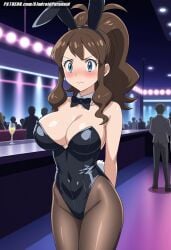 ai_generated aindroidparanoid ashamed big_breasts blue_eyes breasts brown_hair bunny_ears bunny_girl bunny_tail bunnysuit busty casino cleavage female female_only hilda_(pokemon) hips huge_breasts indoors large_breasts nervous pokemon pokemon_(species) ponytail stable_diffusion tight_clothing wide_hips