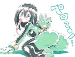 10s ass back_view belt blush bodysuit bubble_butt cameltoe cleft_of_venus eyelashes female frog_girl hair_between_eyes half-closed_eyes hero_outfit_(mha) long_hair long_tongue my_hero_academia saliva shiny_clothes skin_tight solo tight_clothes tired tongue tongue_out traditional_media tsuki_wani tsukiwani tsuyu_asui tukiwani