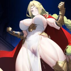 ai_generated biceps blonde_hair cape cleavage fire_emblem fire_emblem_heroes from_below gauntlets gray_eyes greaves huge_breasts loincloth long_hair muscular_female muscular_thighs nintendo nipples_visible_through_clothing nott_(fire_emblem) novelai pale_skin parted_bangs pussy_juice_drip pussy_visible_through_clothes sidelocks single_braid sleeveless