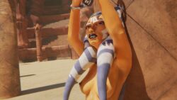 1girls 3d ahsoka_tano airress3d_(3d-modeller) alien alien_girl areolae arms_up athletic athletic_female attack_of_the_clones blender breasts chains clone_wars completely_nude completely_nude_female female female_only geonosis handcuffed highres kaldwin lekku lekku_(anatomy) looking_up lucasfilm medium_breasts nipples nude nude_female orange_body orange_skin outdoors outside pole presenting presenting_breasts shadow solo standing star_wars sunlight the_clone_wars:_season_seven tied_hands togruta unamused