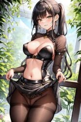 ai_generated black_clothing black_hair black_skirt cleft_of_venus erect_nipples erect_nipples_under_clothes green_eyes hylian_r34 long_hair looking_at_viewer miniskirt nipples_visible_through_clothing pale pale-skinned_female pale_skin pantyhose pleated_skirt pubic_tattoo pussy_peek self_upload skirt_lift smirk smirking smirking_at_viewer tattoo unstable_diffusion