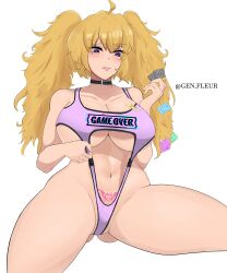 1girls alternate_breast_size ass_visible_through_thighs big_breasts bimbo blonde_hair blush breasts busty choker cleavage condom condom_wrapper female female_only genfleur0108 hair heart-shaped_pupils hips huge_breasts lips navel neckwear parted_lips pink_sling_bikini pubic_tattoo purple_eyes rwby skimpy skimpy_bikini sling_bikini smile solo solo_female swimwear tattoo thick_thighs thighs twintails yang_xiao_long