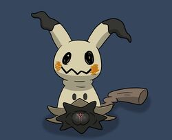 1girls black_eyes black_skin blue_background clitoris fairy female feral ghost jelliest looking_at_viewer mimikyu nintendo pokemon pokemon_sm presenting pussy shadow solo stick tail video_games