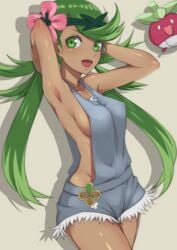 1girls armpits bounsweet breasts dark-skinned_female dark_skin eyelashes female female_only flower green_eyes green_hair hair_flower hair_ornament human long_hair long_twintails looking_at_viewer mallow_(pokemon) naked_apron nintendo open_mouth overalls plant pokemon pokemon_sm red_skin shiny_skin showing_armpits sideboob smile solo standing tongue white_skin yellow_eyes