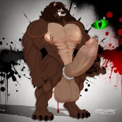 anthro balls bear big_pecs big_penis bodily_fluids brown_body brown_hair claws digital_media_(artwork) dillon_lionbear.arts dillon_saenz erection facial_piercing fangs fur genital_fluids genitals green_eyes hair hi_res huge_cock humanoid hybrid hyper hyper_genitalia hyper_penis male male_only mammal model_sheet muscular muscular_anthro muscular_male nipples nose_piercing nude pecs penis piercing sharp_teeth simple_background size_difference smile solo teeth thick_thighs ursine vains