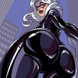 1girls animated ass ass_focus big_ass black_cat_(marvel) bodysuit felicia_hardy jasky marvel pixel_art white_hair