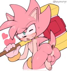 andy_rose anthro anus ass balls boots cock exposed_torso footwear foreskin furry furry_only genderswap genderswap_(ftm) gloves green_eyes hammer handwear headband hpyononyo humanoid male male_only nude one_eye_closed penis pink_fur rule_63 sega sonic_(series) sonic_the_hedgehog_(series) weapon