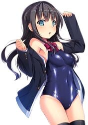 black_hair blue_eyes blue_mizugi blush cameltoe erect_nipples female jacket looking_at_viewer mizugi navel one-piece_swimsuit open_clothes open_jacket ribbon satou_kuuki semi simple_background smile solo swimsuit thighhighs white_background